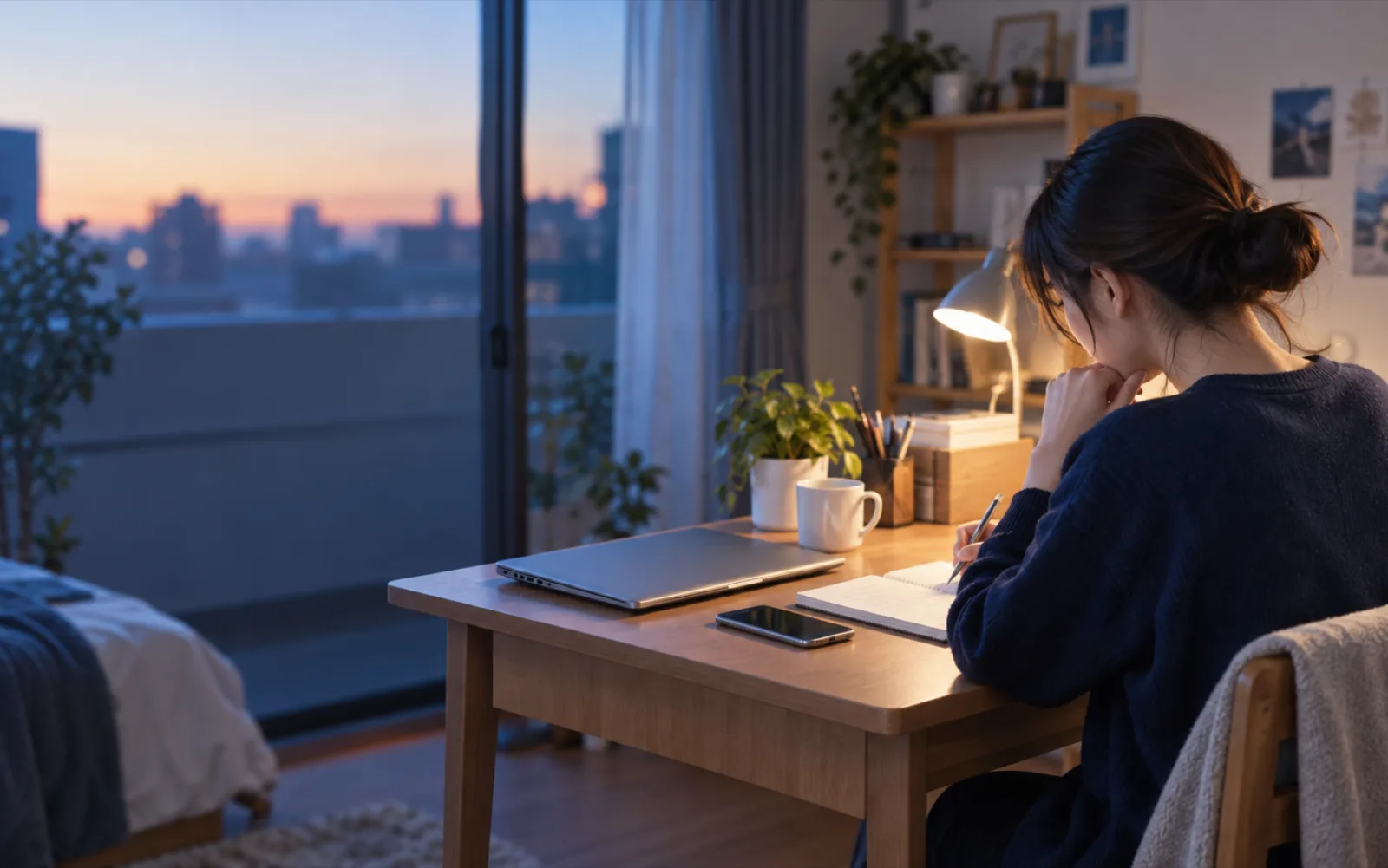 自宅で面接後の振り返りをノートに書く学生