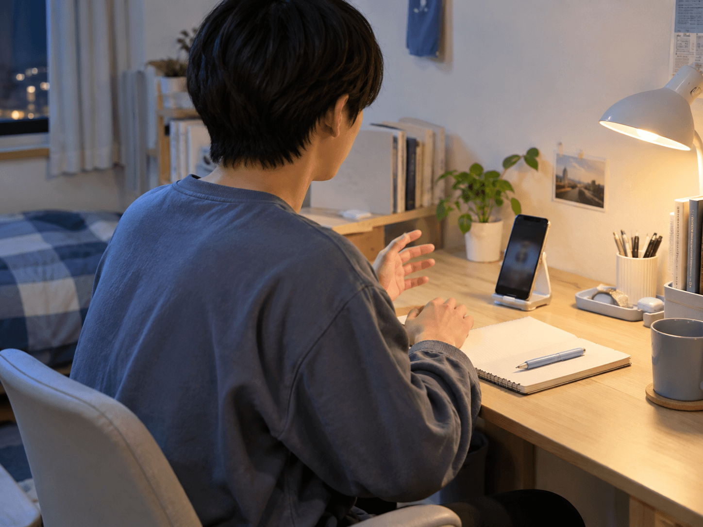 自分の部屋の机でスマートフォンに向かって面接練習をする様子